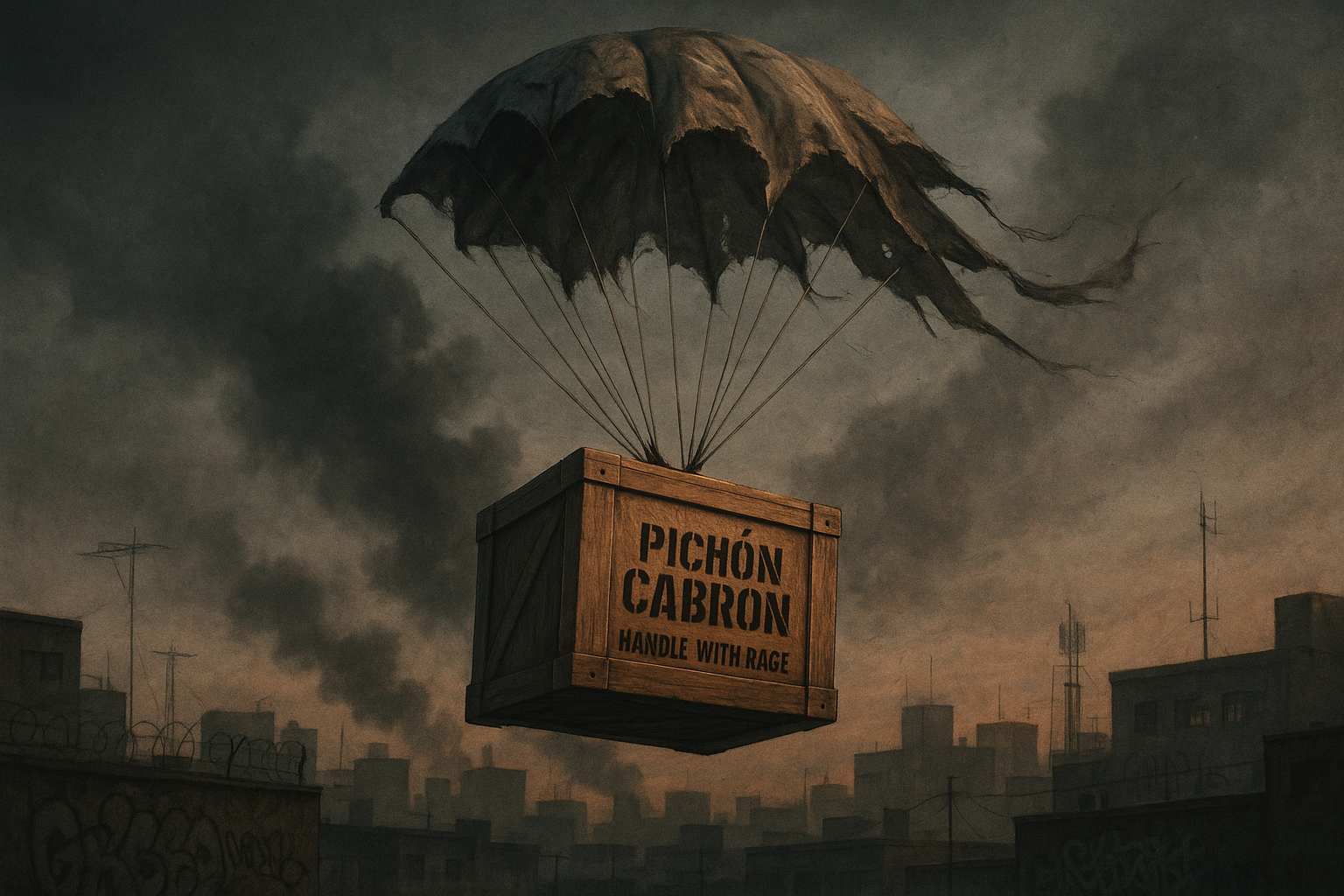 A brown supply crate mid-air on a tattered parachute, descending into a smoky, graffiti-tagged urban skyline at dusk. The crate has a large black stamp: “Pichón Cabron - Handle With Rage.” Parachute is partially torn. Background shows rooftops, antennas, and barbed wire fences. Gritty cinematic tones, street resistance vibes.
(wide frame, desaturated urban palette, airborne action, movement in fabric)