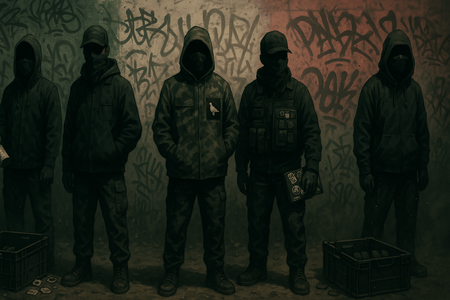 A lineup of shadowy street rebels standing in front of a graffitied wall. Each person has a unique piece of gear: one holding a rolled-up zine, another with a pigeon flag patch on their jacket, someone with a sticker-covered tactical notebook. At their feet: open crates with scattered stickers, pins, and pouches. Dust in the air. Faint Mexican flag color wash across the wall.
(3:1 wide banner, street resistance aesthetic, camo accents, moody lighting)