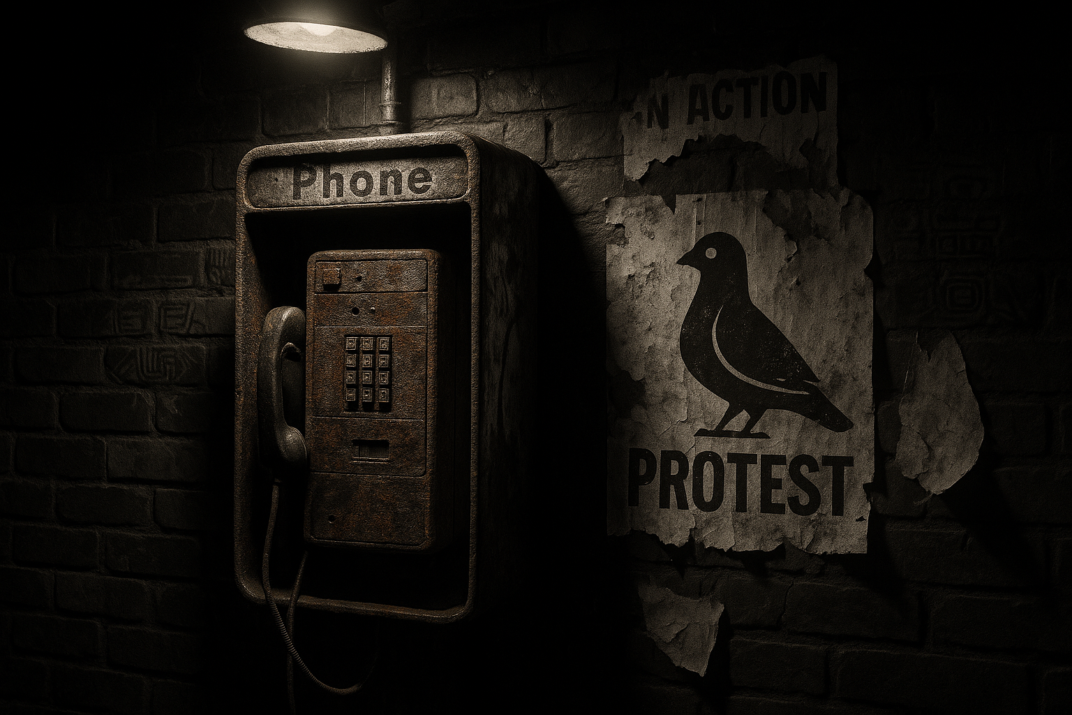 A rusted payphone on a cracked brick wall, covered in torn protest flyers and wheatpaste posters. One flyer shows a stylized pigeon logo. A QR code is pasted nearby, partially ripped. Dim streetlight overhead casts harsh shadows. Faint graffiti of Aztec symbols in the background. Vibe of secret communications in an occupied city.
(film noir style, moody lighting, urban decay, protest art aesthetic)