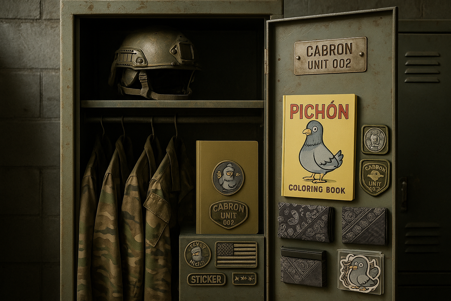 Open locker with fatigues hanging, helmet on top shelf, and a custom loadout of street gear neatly stacked—Pichón coloring book, patches, notebook, bandana, sticker packs. All placed with care like a soldier prepping gear. Engraved nameplate reads “CABRON UNIT 002.”
(Indoor light, wide-angle, gritty textures, locker room atmosphere)